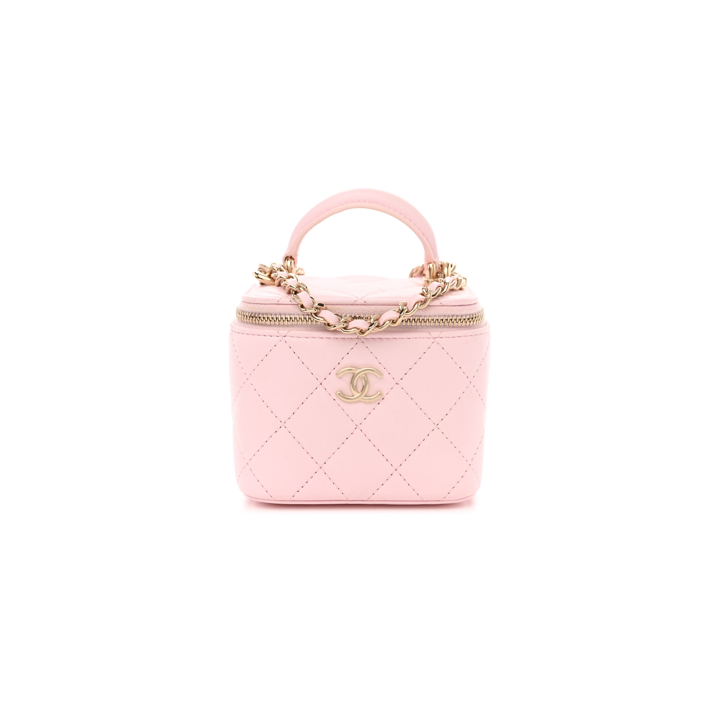 Ch*el lambskin quilted mini top handle vanity case with chain light pink 1334686 (10*9*7cm)